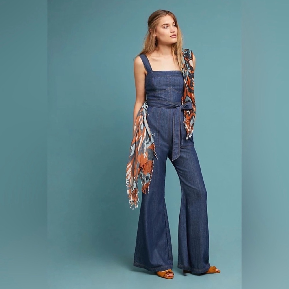 Anthropologie Dark Denim Blue Jumpsuit with Tie Waist